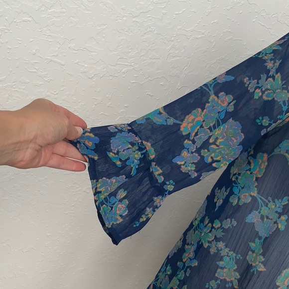 Sheer Navy Blue Floral Kimono Duster Bell Ruffle Sleeve Boho Cover Up - Picture 5 of 5